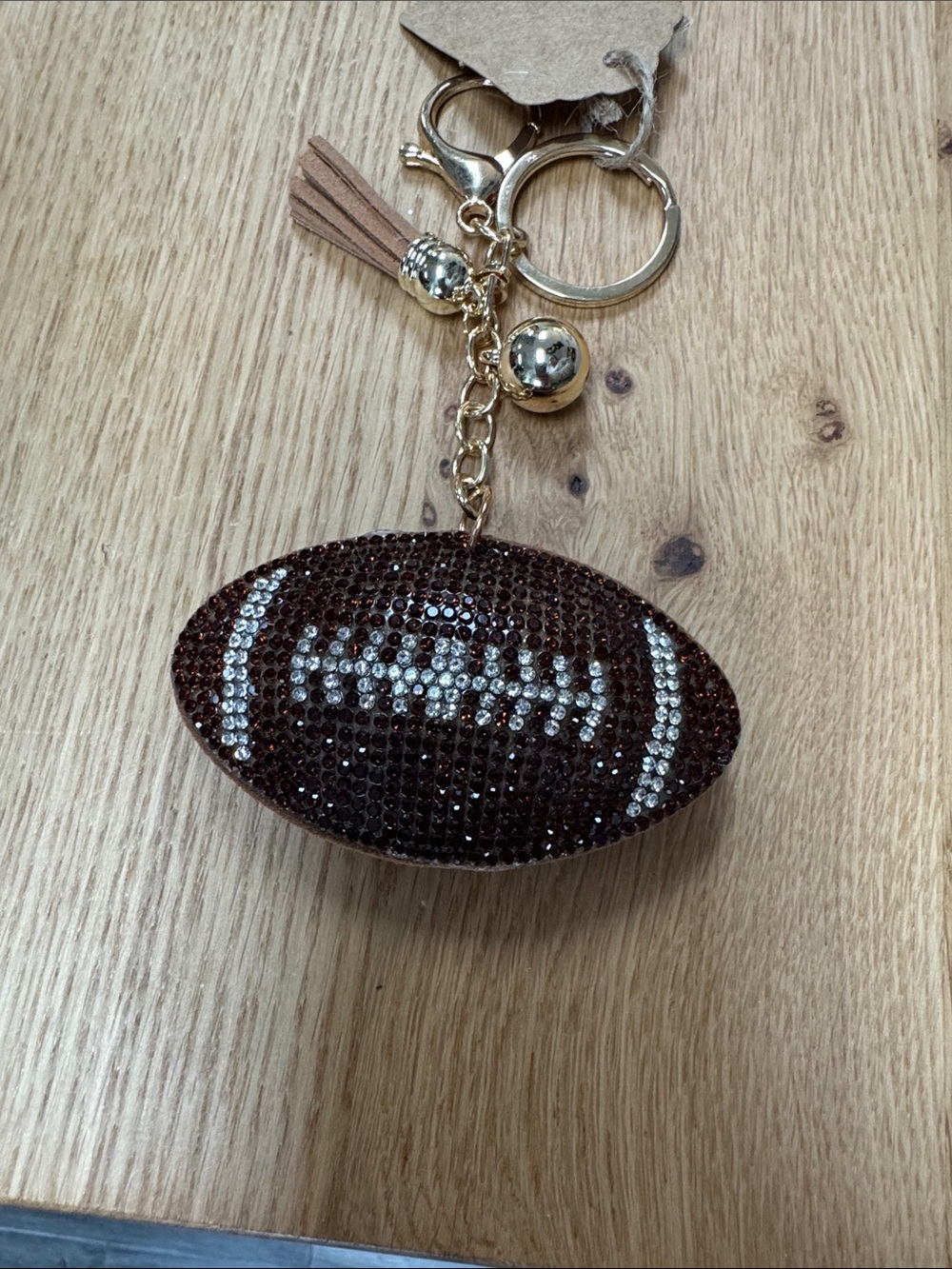Rhinestone Football Keychain Charm - Brown and White